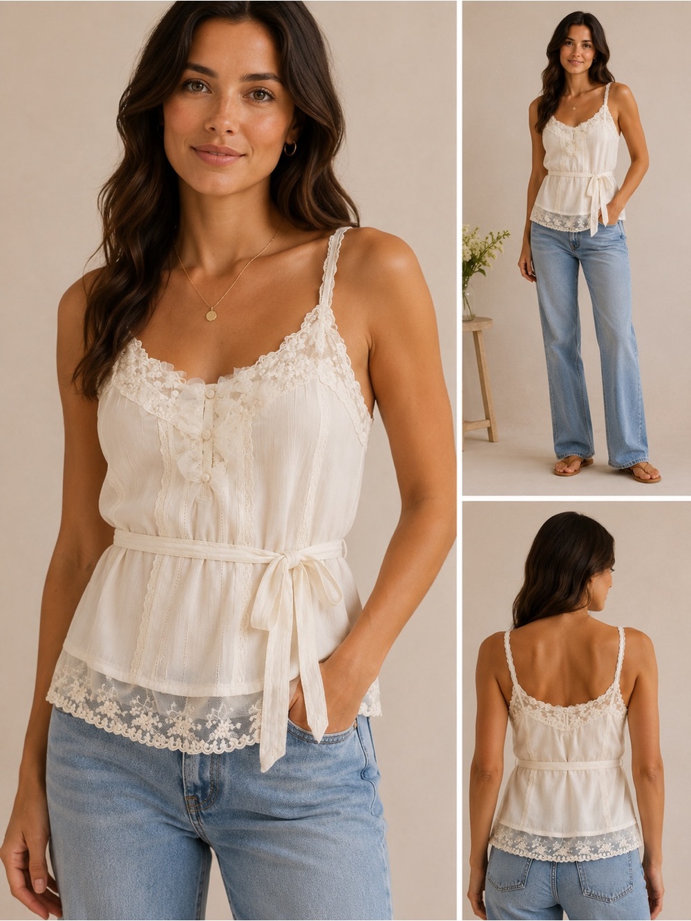 Abercrombie & Fitch Cream Lace-Trim Camisole